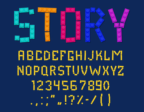 Brick block font type, kids typeface of colorful construction blocks, vector alphabet letters. Toy brick blocks font or plastic cubes of children play game as ABC typeface or typography typeset