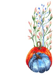 autumn watercolor illustration.blue and orange pumpkins with flowers and an empty space for your text. Happy Thanksgiving