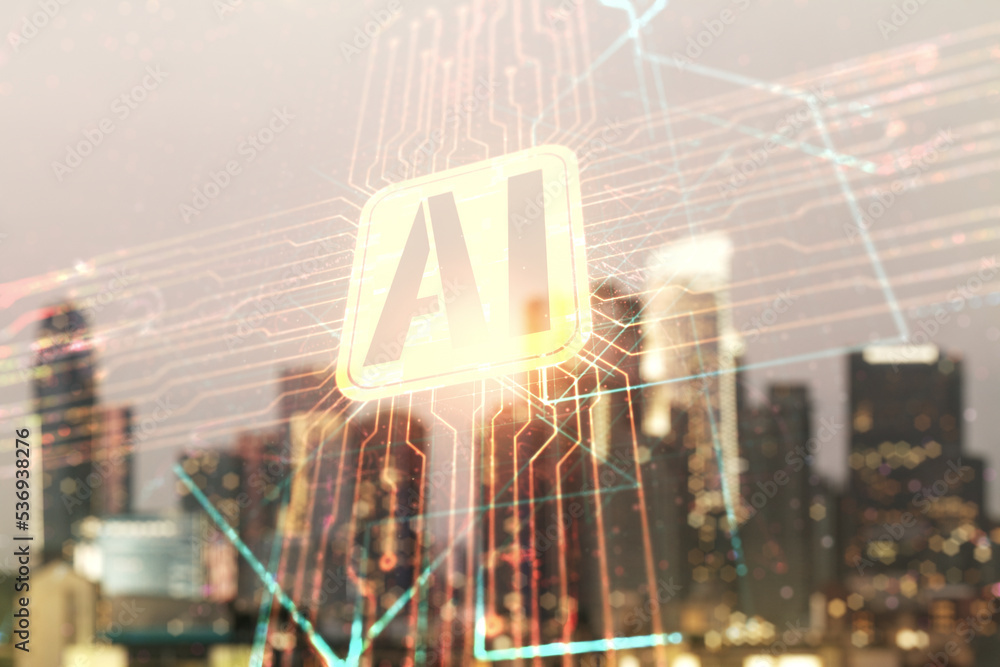 Poster double exposure of creative artificial intelligence icon on blurry cityscape background. neural netw