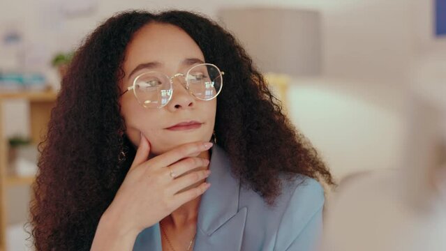 Blog, copywriting and woman in digital marketing thinking of creative ideas as an article writer or post online content. Editor, blogger or journalist busy typing a letter, email or business proposal