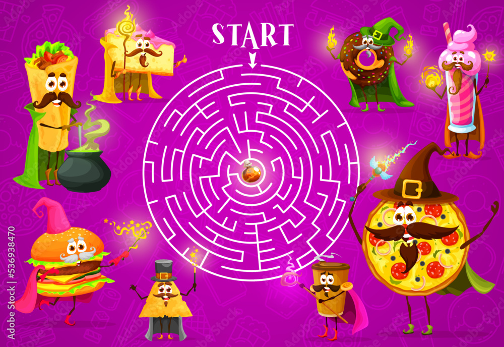 Poster Labyrinth maze, cartoon fast food mage and wizard characters with vector potion bottle. Kids maze game worksheet to help find way to pizza wizard and donut mage or coffee sorcerer with magic wand