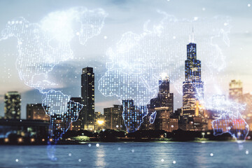 Fototapeta na wymiar Multi exposure of abstract graphic world map on Chicago cityscape background, big data and networking concept