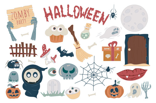 Halloween holiday set with cute cartoon elements in flat design. Bundle of zombie, cupcake, poison, ghost, moon, mushroom, spider, pumpkin, cemetery and other isolated stickers. Vector illustration.