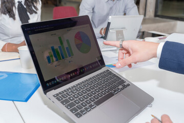 Business person analyzing financial statistics displayed on laptop screen.