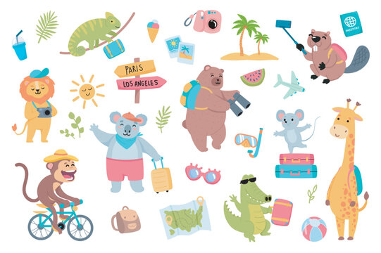 Traveling animals set with cute cartoon elements in flat design. Bundle of funny animals with backpack or luggage, photo camera, island palms, passport and other isolated stickers. Vector illustration