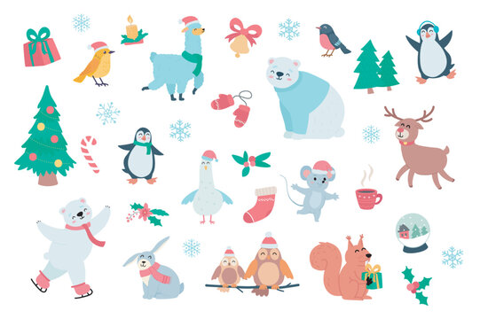 Happy animals and winter holidays set with cute cartoon elements in flat design. Bundle of gifts, lama, bells, bear, Christmas tree, penguin, holly and other isolated stickers. Vector illustration.