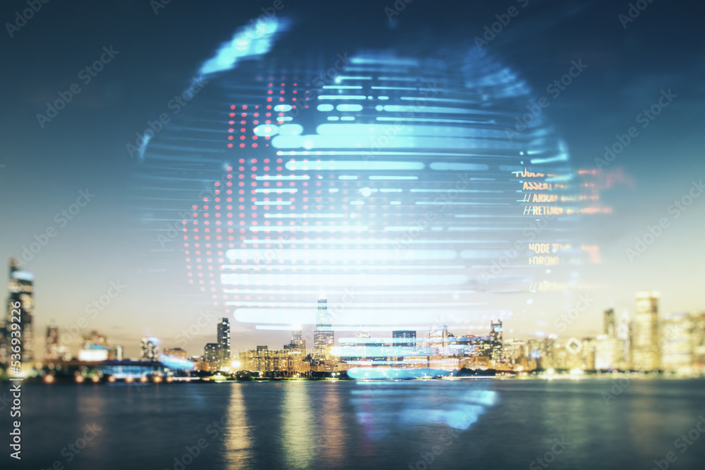 Aufkleber double exposure of abstract programming language hologram and world map on chicago city skyscrapers 