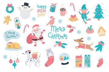 Merry Christmas set with cartoon elements in flat design. Bundle of wreath, snowman, gift, bell, elf, gingerbread, lantern, Santa Claus, mittens and other decor isolated stickers. Vector illustration.