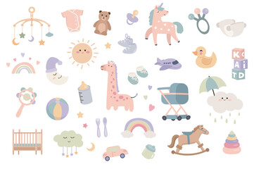 Newborn baby items set with cartoon elements in flat design. Bundle of kid toys, bodysuit, teddy bear, pacifier, unicorn, rattle, diaper, booties and other decor isolated stickers. Vector illustration