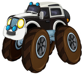cartoon happy and funny off road police car looking like monster truck smiling vehicle illustration for children © honeyflavour