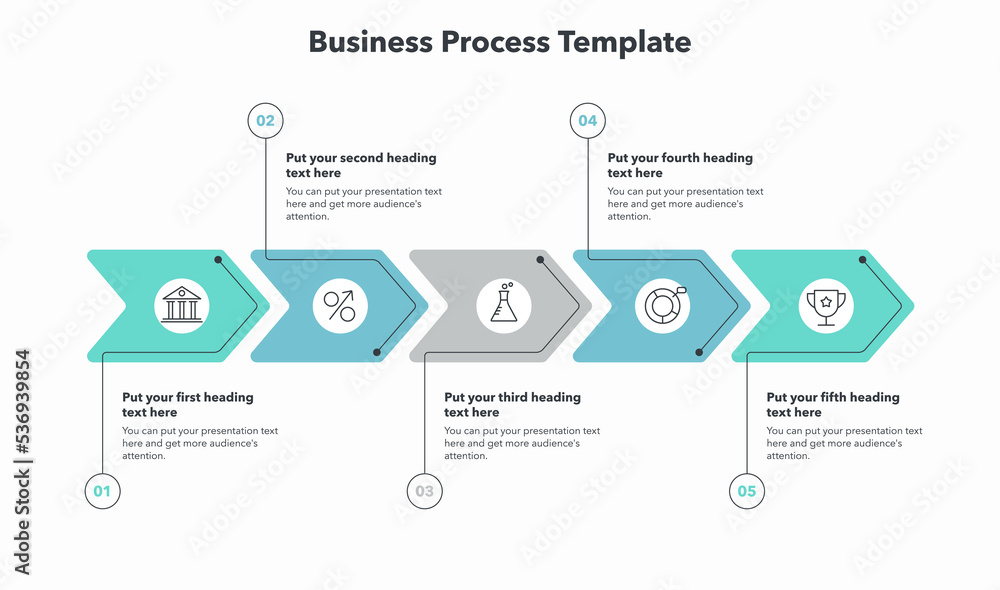 Poster Simple business process template with five colorful stages. Slide for business presentation.