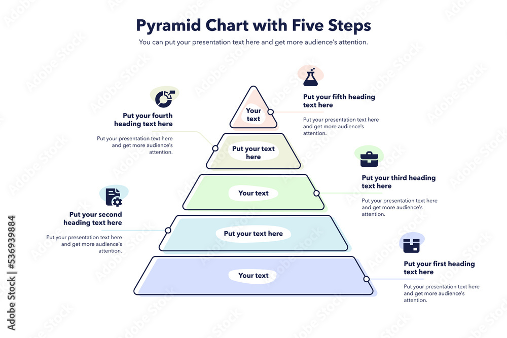 Poster pyramid chart template with five colorful steps. creative diagram divided into five steps with minim