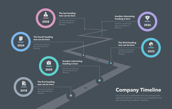 Business infographic for a road map timeline - dark version. Easy to use for your website or presentation.