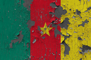 3D Flag of Cameroon on an old stone wall background.