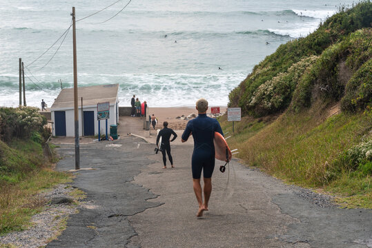 Surfers go down to Lafitenia beach in the afternoon. Saint Jean de Luz