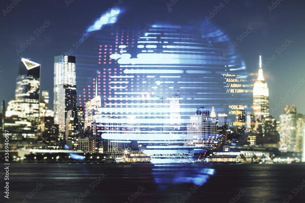 Poster double exposure of abstract creative programming illustration and world map on new york city office 