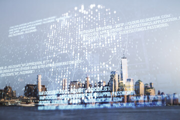 Abstract virtual code skull hologram on New York cityscape background, cybercrime and hacking concept. Multiexposure