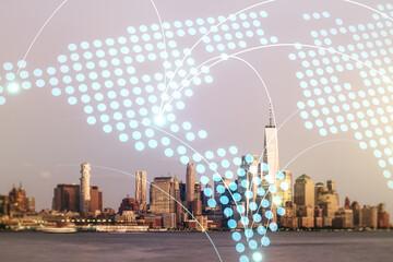 Abstract virtual world map with connections on New York city skyline background, international...