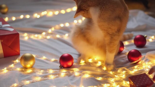 Playful cat with decorative toys. A white orange ginger cat is playing with red and gold Christmas tree balls. New Year's holidays at home, in warm comfort under Christmas lights, packages and gifts.