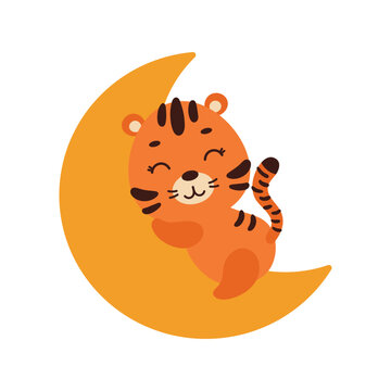 Cute little tiger sleeping on moon. Cartoon animal character for kids t-shirt, nursery decoration, baby shower, greeting cards, invitations, house interior. Vector stock illustration