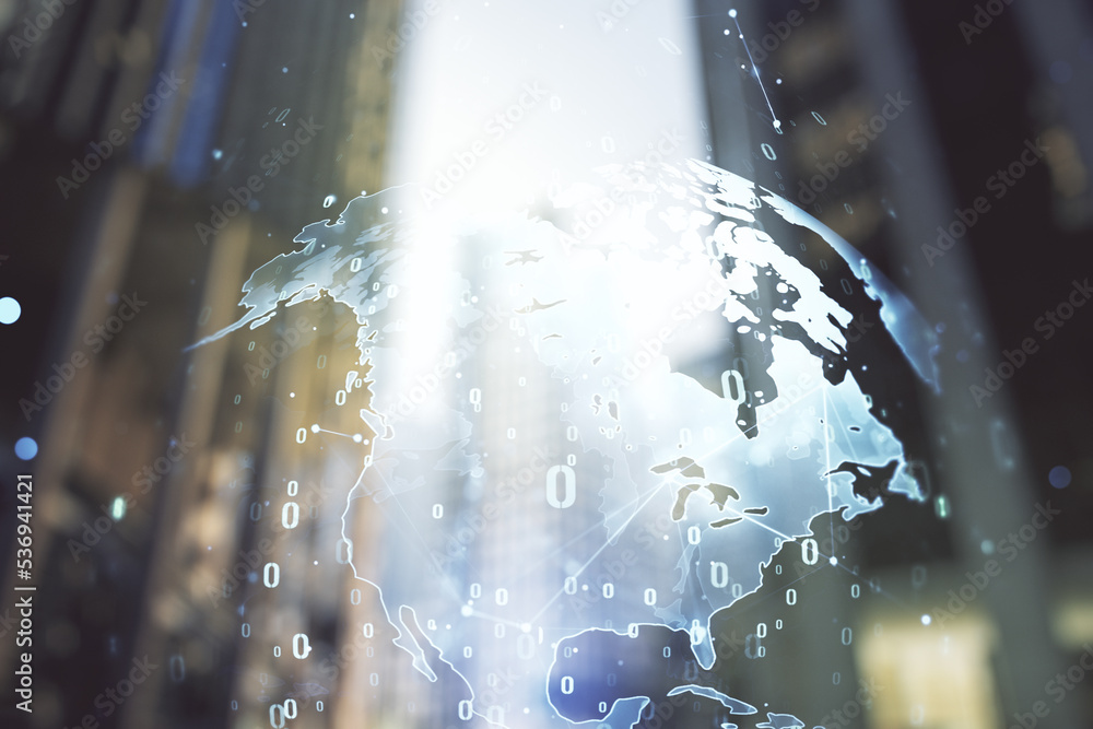 Poster multi exposure of abstract software development hologram and world map on modern skyscrapers backgro