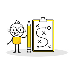 Man planning to overcome difficulty or obstacle to reach goal or target. Strategic planning, business success tactic chart concept. Vector stock illustration