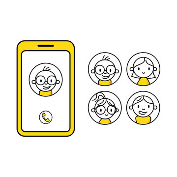 Calling on mobile phone with different avatar. Avatar profile picture icon set including male and female. Social media concept. Vector stock illustration
