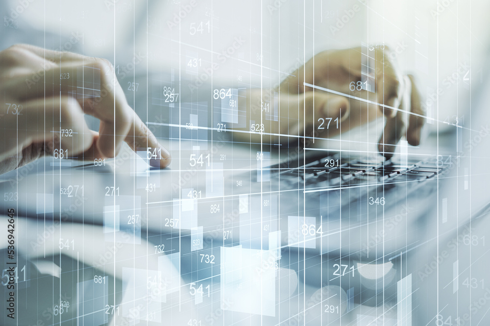 Poster double exposure of abstract creative statistics data hologram with hands typing on laptop on backgro