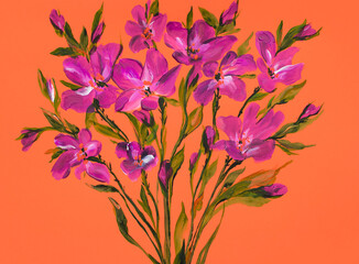 drawing flowers on a green background. Oil painting, Acrylic..impressionistic style, flower painting, bright colors. Artistic background. Postcard. Flower card.