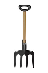 Pitchfork isolated on white background. Metal hayfork with wooden hand.Fork for gardening and farming.Farm work instrument.Hayfork for working with hay and dry grass in agriculture.Vector illustration