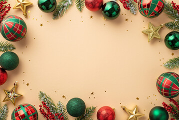 Christmas concept. Top view photo of red green and gold baubles balls star ornaments mistletoe berries confetti and pine branches in frost on isolated beige background with blank space in the middle