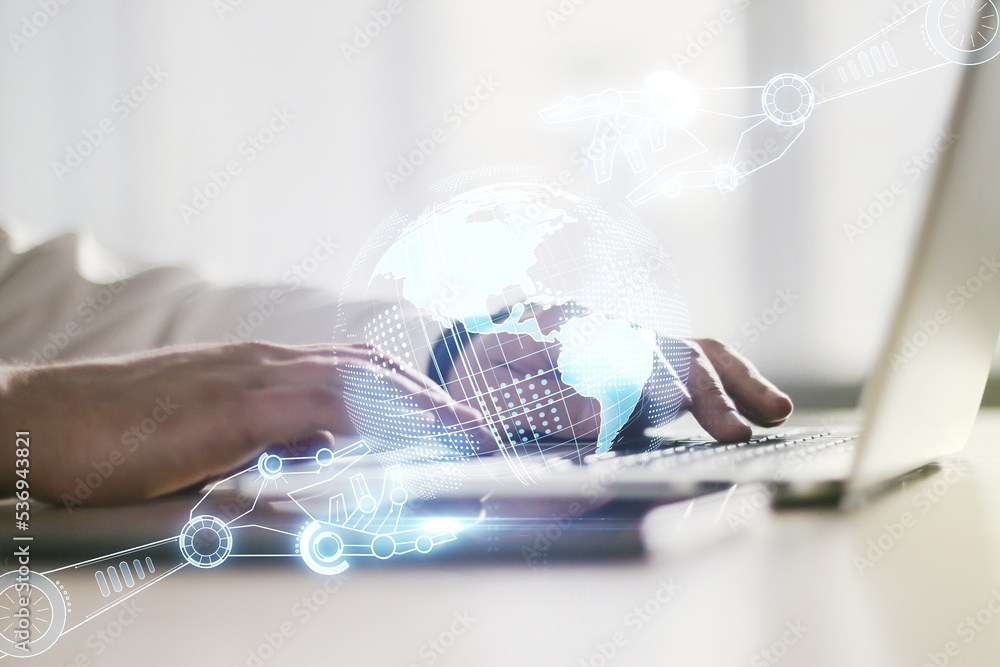 Poster creative abstract robotics technology hologram with globe and hands typing on computer keyboard on b