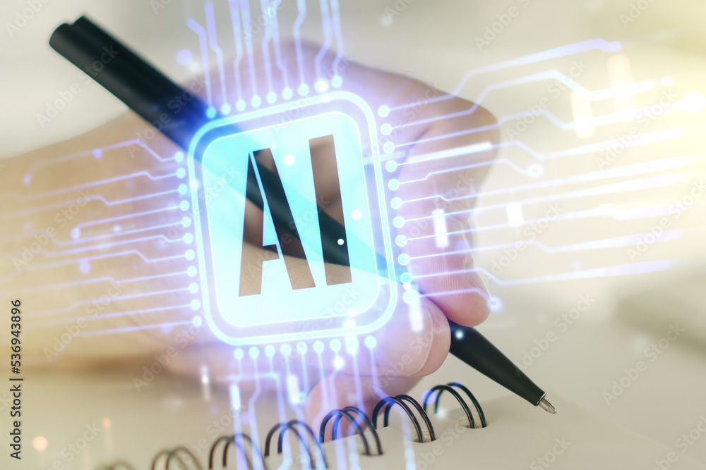 Poster double exposure of creative artificial intelligence icon with man hand writing in notebook on backgr