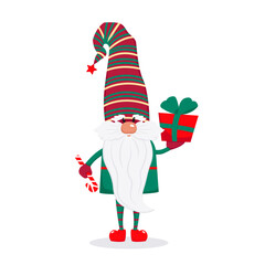 A bearded cute gnome in a red cap, a fairy-tale Christmas character. Vector illustration in flat style.