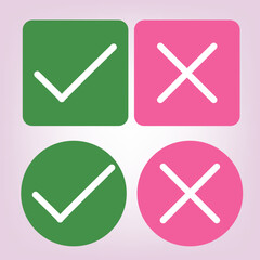 Realistic right and wrong Button. A set of glossy round icons with a check mark, a sign of the cross. minimalist style. Symbols of acceptance, rejection and attention. Vector illustration