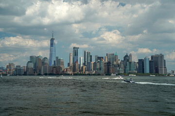 new york view cityscape from hudson river liberty island