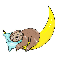 Cute cartoon sloth sleeping on the moon. Vector illustration. Scandinavian cartoon style flat design. Concept for children print. 
