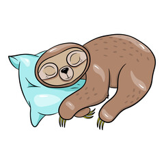 Cute cartoon sloth sleeping on the pillow. Vector illustration, isolated on a white background. Concept for children print. 