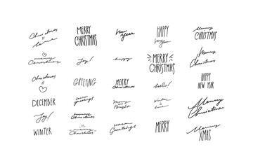 Hand drawn vector abstract graphic Merry Christmas and Happy new year illustration greeting handwritten lettering phases.Merry Christmas lettering card design background.Winter holiday art concept.