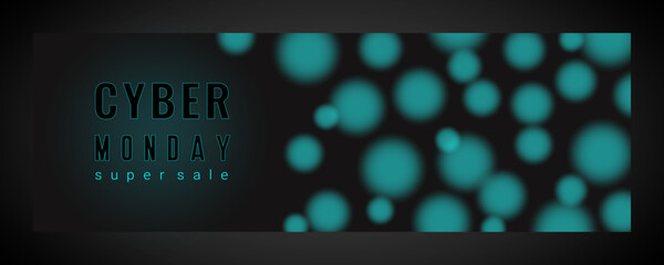 Cyber Monday banner super sale, blue and black. Commercial discount banner, with blue blurred spheres. . Vector illustration