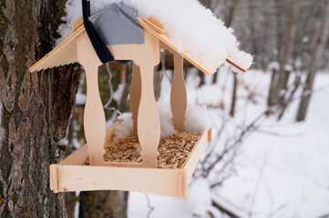 wooden feeder for wild forest birds with food hanging on tree covered with fresh icy frozen snow and snowflakes on frosty winter day in forest or garden. animal care. snowy winter season in nature