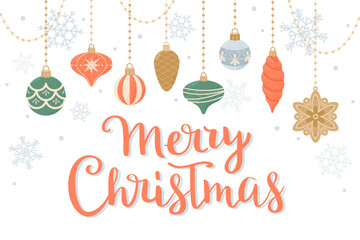 Merry Christmas, greeting card with cute hanging decorations and hand drawn lettering. Vector illustration in flat cartoon style
