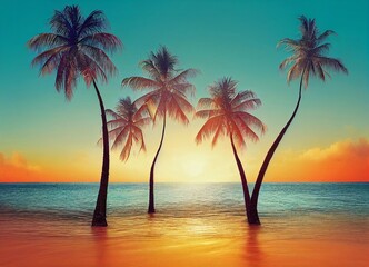 Naklejka na ściany i meble sunset on the beach with palm trees