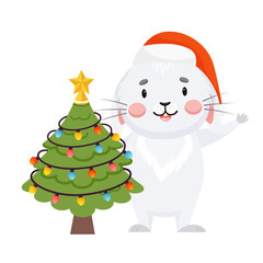 Happy rabbit in a hat stands behind a Christmas tree. Mascot bunny character in cartoon style on Christmas and New Year holidays isolated on white background