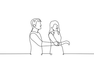 man grabbed a woman by the elbow she wants to avoid it - one line drawing vector. concept sticky interlocutor, harassment, abuse - obrazy, fototapety, plakaty