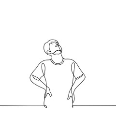 Fototapeta premium man stands leaning his hands on his sides with his face up - one line drawing vector. concept done, tired, stressed