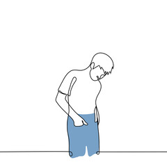 man with hands in jeans pockets - one line drawing vector. concept trying on and buying new jeans
