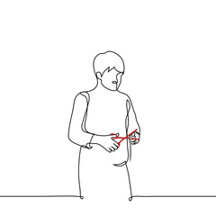 man cuts a piece of ribbon with scissors - one line drawing vector. concept the opening of the building, the seamstress in the atelier cuts the tape