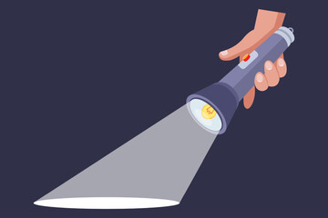 the hand holds a flashlight and illuminates the path. flat vector illustration. - obrazy, fototapety, plakaty