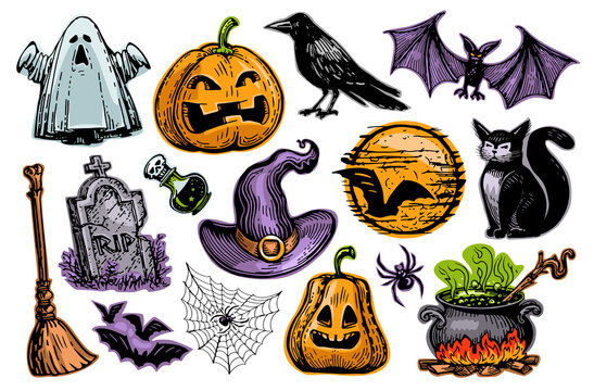 Halloween decorations collection. Funny and scary holiday colored elements or stickers set isolated